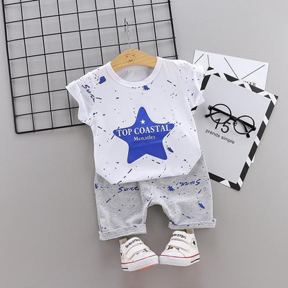 Stevvex baby boys costume set: white star-print tee with blue splashes and gray shorts on Tampa Home & Garden Store
