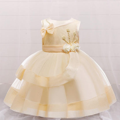 Stevvex baby girl dress cream net puff princess gown with bow sash pearls on Tampa Home & Garden Store