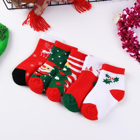 Stevvex baby Christmas cotton socks set, 5 pairs in red green white with holiday patterns on Tampa Home & Garden Store