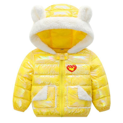 Stevvex yellow shiny baby puffer hooded coat with white faux fur trim and bear ears on Tampa Home & Garden Store