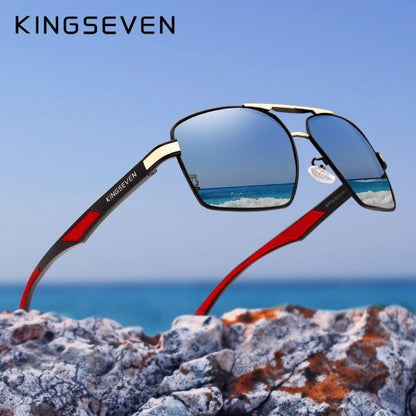 Men's aluminum sunglasses with polarized mirrored blue lenses and red temples KINGSEVEN on Tampa Home & Garden Store