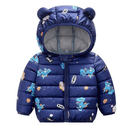 Stevvex baby navy blue puffer coat with bear-ear hood and dinosaur print, insulated on Tampa Home & Garden Store