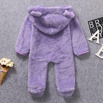 Newborn purple fleece hooded baby romper with feet, Stevvex plush warm jumpsuit on Tampa Home & Garden Store