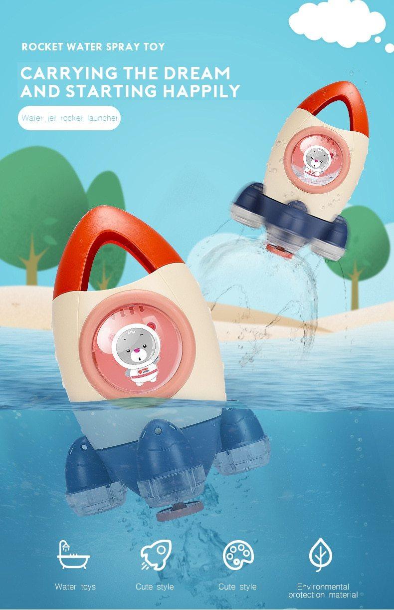 Stevvex Baby Spin Water Spray Rocket Bath Toy beige body with red arch and pink window for kids on Tampa Home & Garden Store