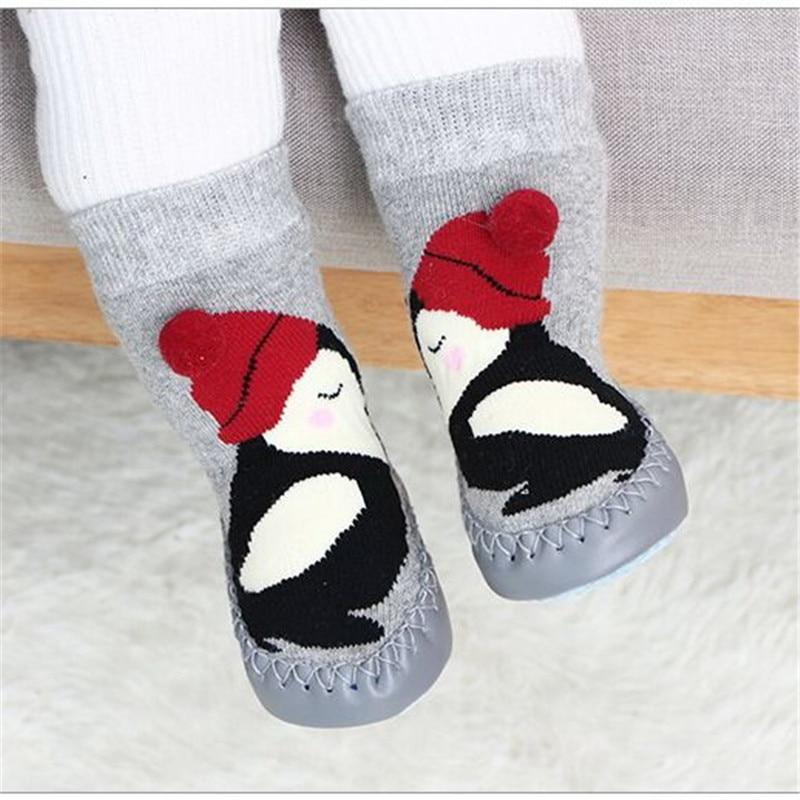 Stevvex newborn indoor sock shoes gray cotton baby socks pair penguin motif rubber sole on Tampa Home & Garden Store