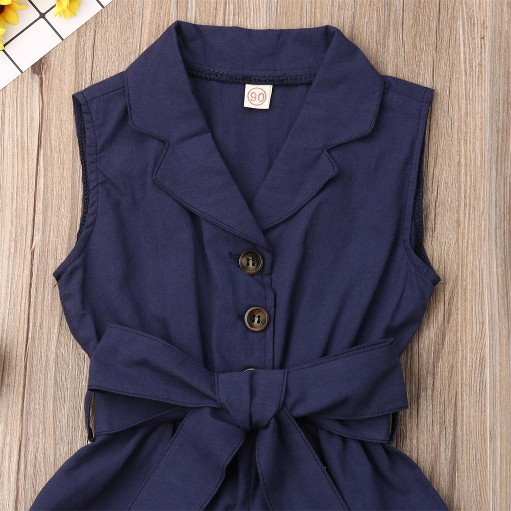 Navy sleeveless belted romper for girls by Stevvex with front brown buttons on Tampa Home & Garden Store