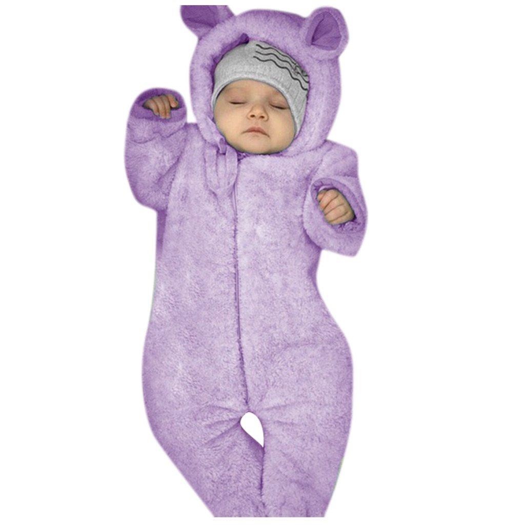 Newborn fleece hooded romper in purple with bear-ear hood, Stevvex baby one-piece on Tampa Home & Garden Store