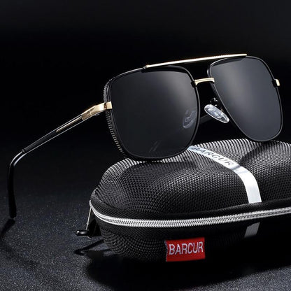 Stevvex square polarized driving sunglasses, black lenses, gold frame, UV400 protection on Tampa Home & Garden Store