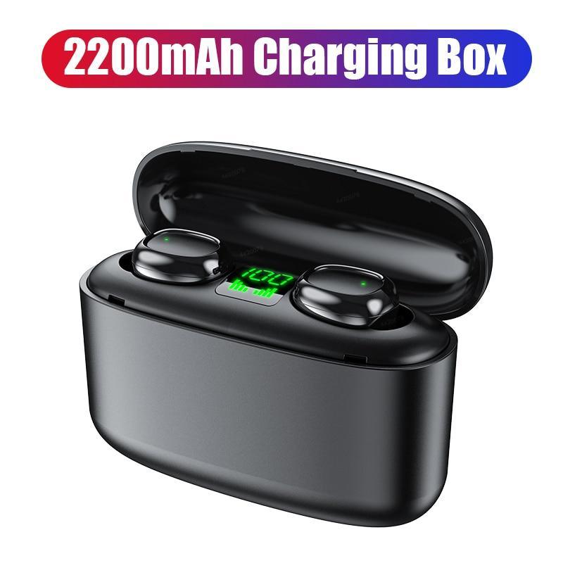 Stevvex wireless in-ear earbuds in black charging case with green LED display on Tampa Home & Garden Store