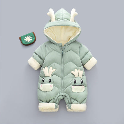 Stevvex baby hooded puffer snowsuit mint green with cream lining and cute face pockets on Tampa Home & Garden Store