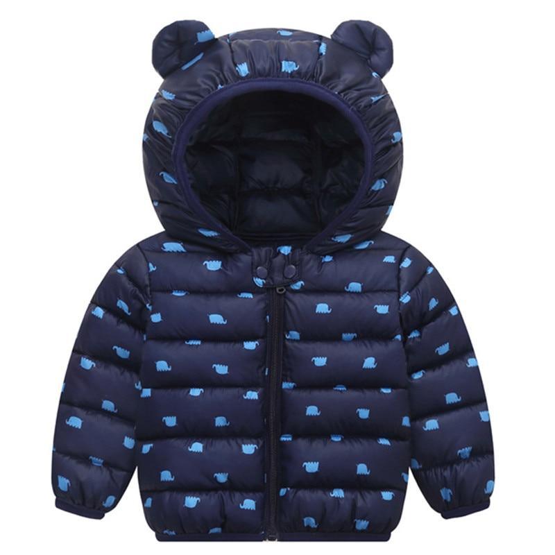Stevvex navy blue baby puffer jacket with light-blue bear print, hood with ears, zip front on Tampa Home & Garden Store