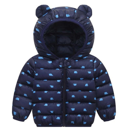 Stevvex navy blue baby puffer jacket with light-blue bear print, hood with ears, zip front on Tampa Home & Garden Store