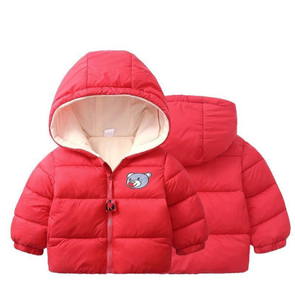 Stevvex infant red hooded puffer jacket with beige lining and bear logo, front/back view on Tampa Home & Garden Store