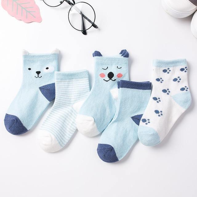 Stevvex luxury 5-pair baby socks set soft cotton with bear, stripes and paw print blue white on Tampa Home & Garden Store