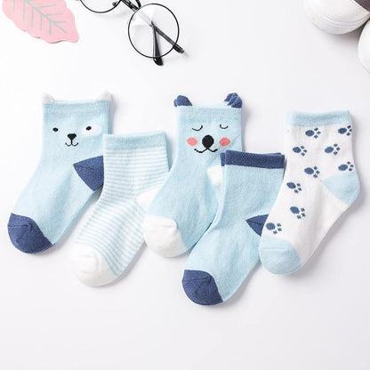 Stevvex luxury 5-pair baby socks set soft cotton with bear, stripes and paw print blue white on Tampa Home & Garden Store