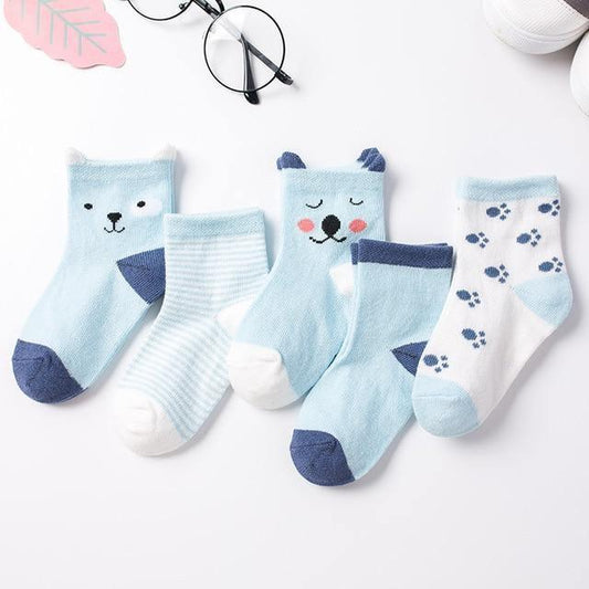 Stevvex luxury 5-pair baby socks set soft cotton with bear, stripes and paw print blue white on Tampa Home & Garden Store