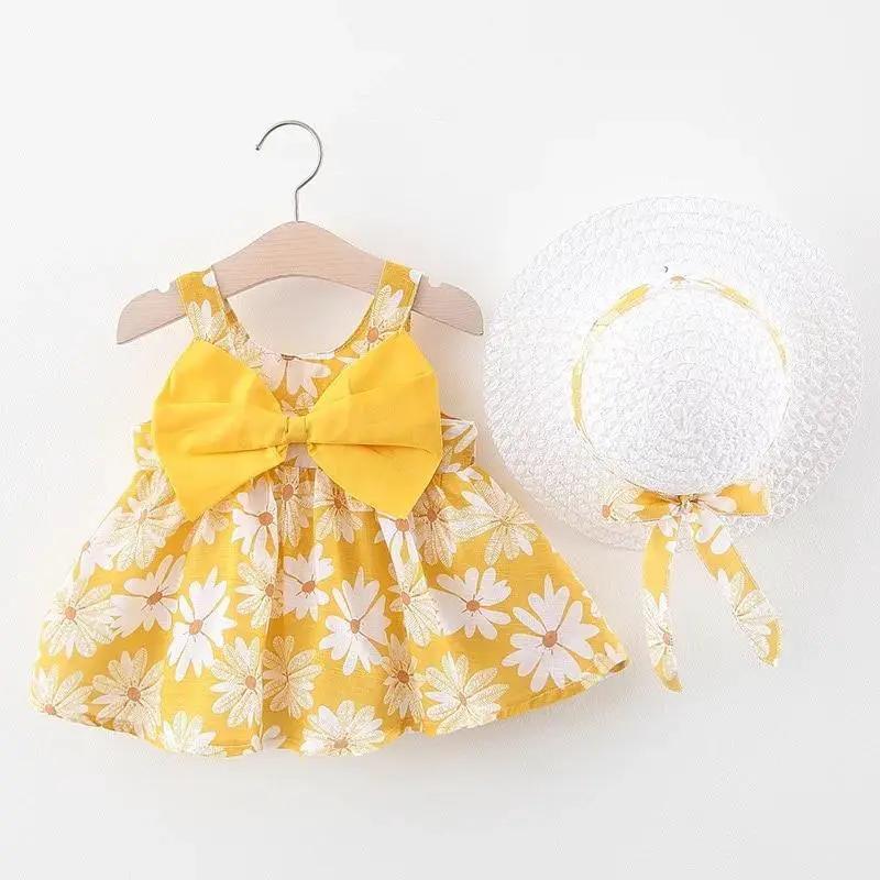 Luxury Modern Bow Print Dress With Hat For Baby