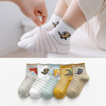5-pair kids socks set by Stevvex with striped design and dinosaur accents on cuffs on Tampa Home & Garden Store