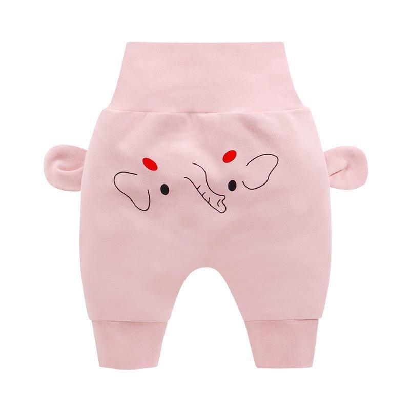 Stevvex pink baby pants with elephant cartoon print, long cuffed legs, plush side ears on Tampa Home & Garden Store