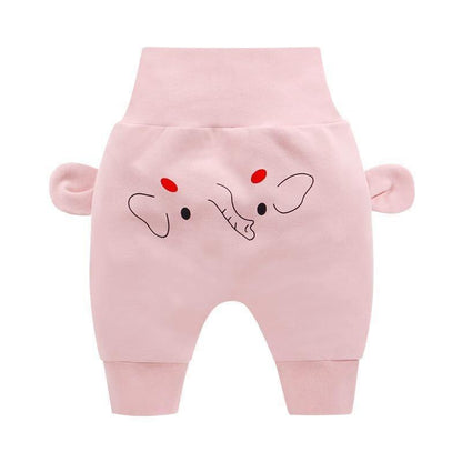 Stevvex pink baby pants with elephant cartoon print, long cuffed legs, plush side ears on Tampa Home & Garden Store