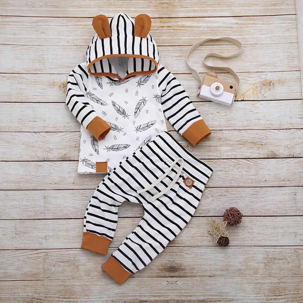 Baby outfit set by Stevvex feather-print T-shirt with striped hooded top and brown-cuffed pants on Tampa Home & Garden Store
