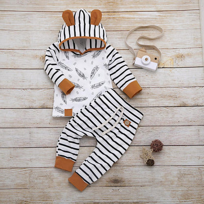 Baby outfit set by Stevvex feather-print T-shirt with striped hooded top and brown-cuffed pants on Tampa Home & Garden Store