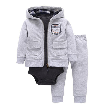 Stevvex 3pc baby set: gray zip hoodie jacket with Ranger patch, pants and romper on Tampa Home & Garden Store
