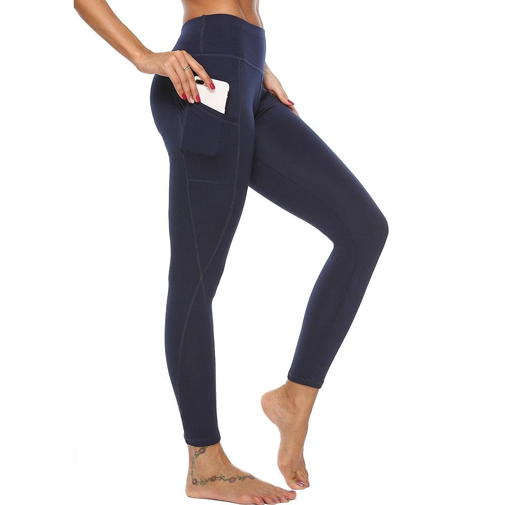Pocket leggings for women Stevvex, navy, stretchy solid color yoga pants on Tampa Home & Garden Store