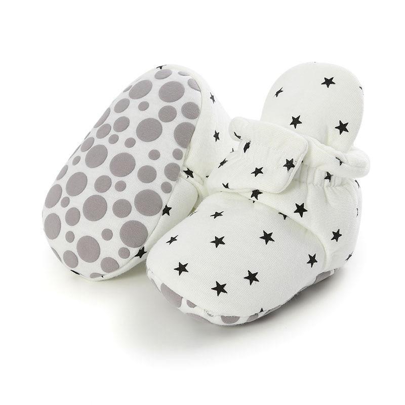 Stevvex baby newborn faux fleece booties pair white with black stars, soft sole gray polka-dot on Tampa Home & Garden Store