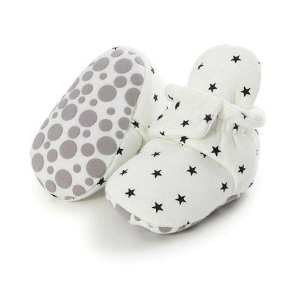 Stevvex baby newborn faux fleece booties pair white with black stars, soft sole gray polka-dot on Tampa Home & Garden Store