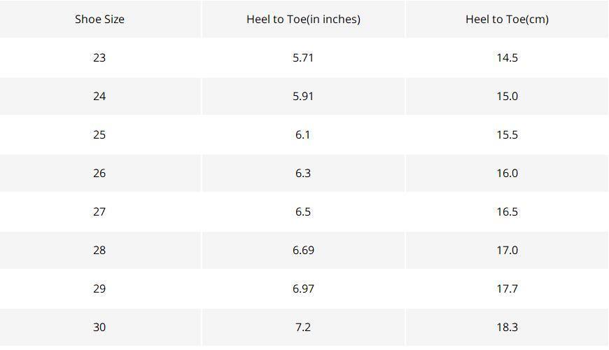 Stevvex Winter Kids Snow Boots size chart showing sizes 23–30 with inches and cm heel-to-toe on Tampa Home & Garden Store
