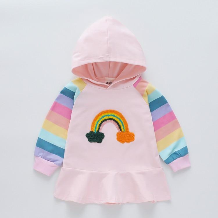 Stevvex baby pink hooded jacket with pastel rainbow striped sleeves and rainbow appliqué, 1-4T on Tampa Home & Garden Store