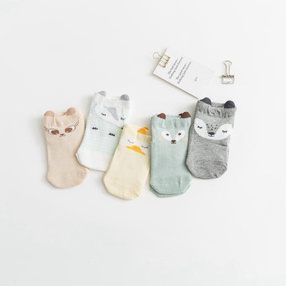 5-Pair Stevvex baby socks with animal faces in beige blue mint cream gray on Tampa Home & Garden Store