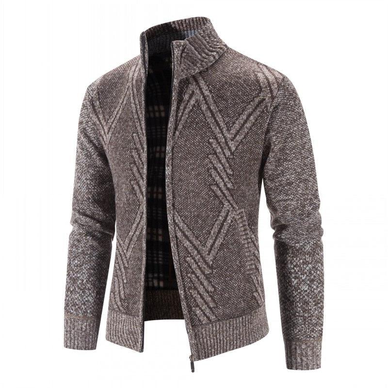 Stevvex men's cardigan jacket with zip front, brown geometric knit, ribbed cuffs and collar on Tampa Home & Garden Store