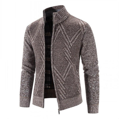 Stevvex men's cardigan jacket with zip front, brown geometric knit, ribbed cuffs and collar on Tampa Home & Garden Store