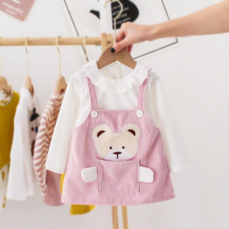 Stevvex pink corduroy dress set for girls with bear face pocket over white ruffled shirt on Tampa Home & Garden Store