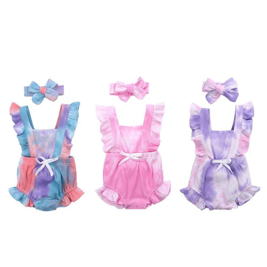 Stevvex toddler romper set: 3 pastel tie-dye looks with ruffled straps and headbands on Tampa Home & Garden Store