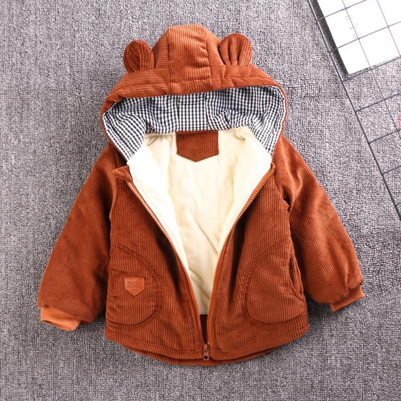Corduroy bear-hooded baby jacket by Stevvex with warm cream lining, orange-brown coat on Tampa Home & Garden Store