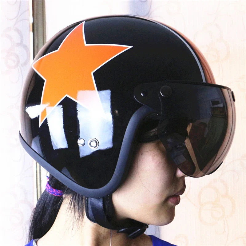 BikerZoneZ universal 3-snap visor for open-face helmet, black shell with orange star and visor on Tampa Home & Garden Store