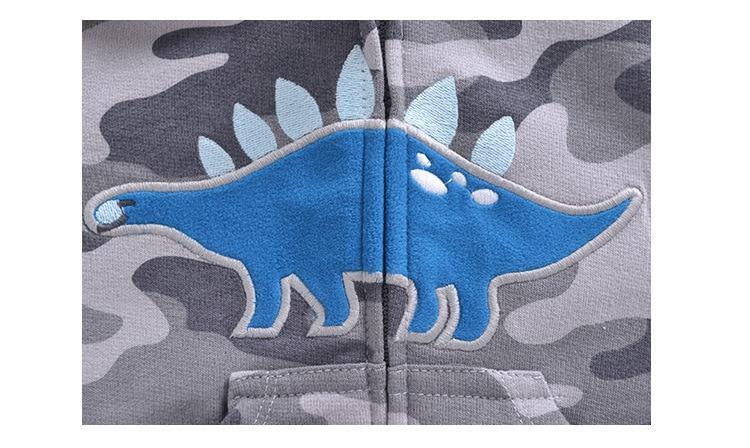 Hooded newborn baby sweater with blue dinosaur applique on gray camo fabric on Tampa Home & Garden Store