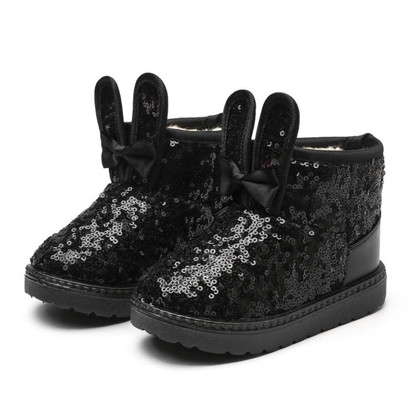 Warm kids snow boots Stevvex black sequin boots with bunny ear pulls bows non-slip sole on Tampa Home & Garden Store