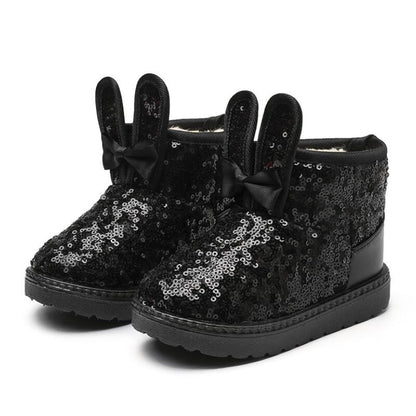 Warm kids snow boots Stevvex black sequin boots with bunny ear pulls bows non-slip sole on Tampa Home & Garden Store