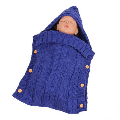 Stevvex blue knitted newborn swaddle blanket with hood and orange buttons on Tampa Home & Garden Store