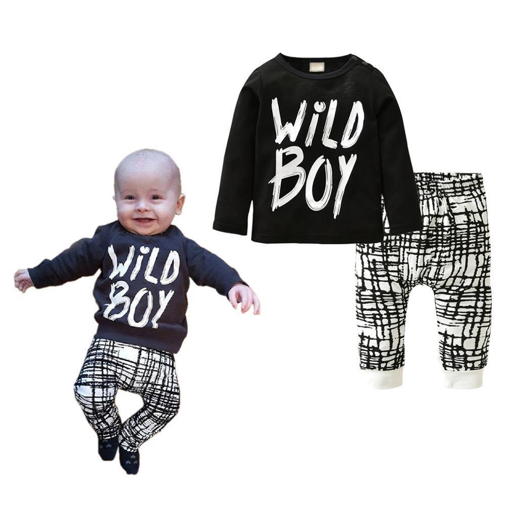 Newborn Boy Clothes Set long sleeve shirt with WILD BOY print and plaid pants Stevvex on Tampa Home & Garden Store