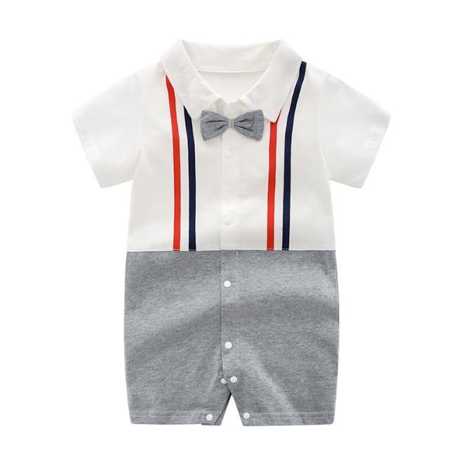 Baby romper for boys, Stevvex white top with red/blue stripes, grey shorts, bow tie, 0-12M on Tampa Home & Garden Store