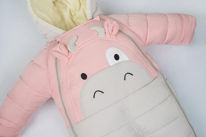 Baby pink hooded snowsuit puffer with cute animal face by Stevvex ST15BY02395HBUOM on Tampa Home & Garden Store