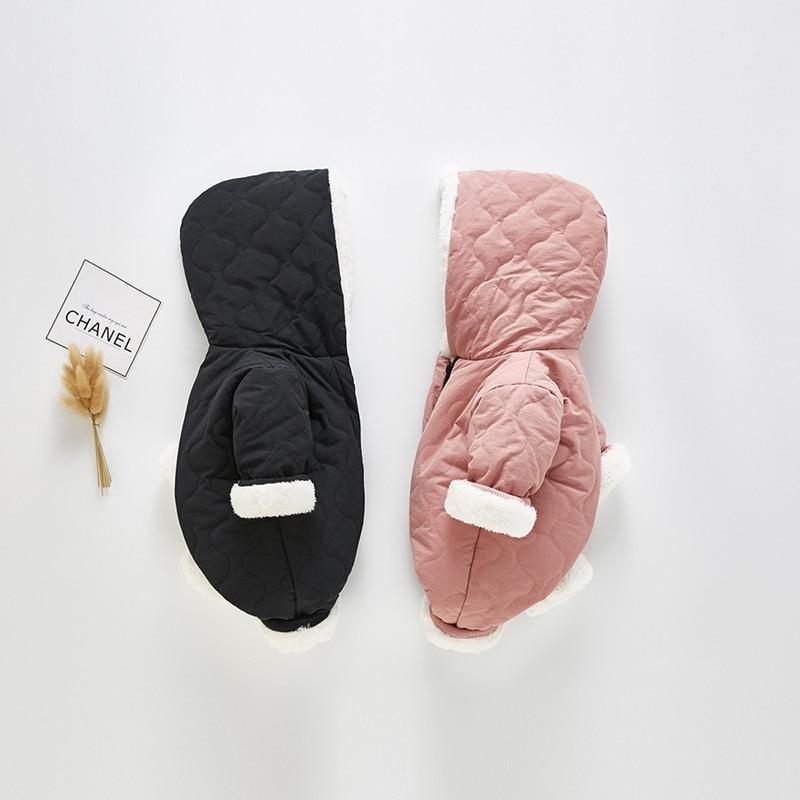 Stevvex pair of baby quilted jumpsuits, black and pink hooded set with white faux fur cuffs on Tampa Home & Garden Store