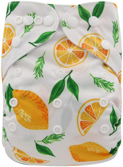 Stevvex waterproof pocket cloth diaper citrus print with lemon slices and leaves, snaps on Tampa Home & Garden Store