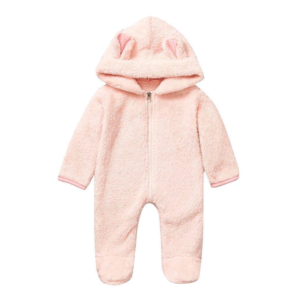 Pink fleece hooded baby romper with bunny ears and front zipper on Tampa Home & Garden Store
