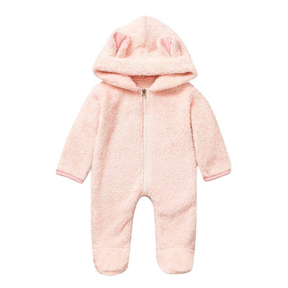Pink fleece hooded baby romper with bunny ears and front zipper on Tampa Home & Garden Store
